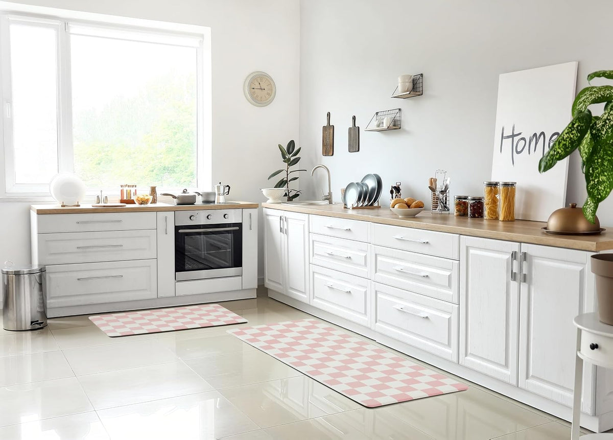 Pink Checkered Kitchen Mats for Floor Set of 2, 2 Pcs Cushioned Non Slip Runner Rugs for Kitchen/Sink/Laundry, Comfort Aesthetic Cute Anti-Fatigue Foam Floor Mat 17.3"x29.5"+17.3"x47.2"