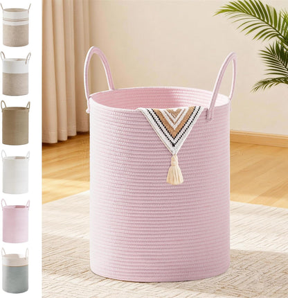 53L Tall Cotton Rope Laundry Basket with Handles, Pink
