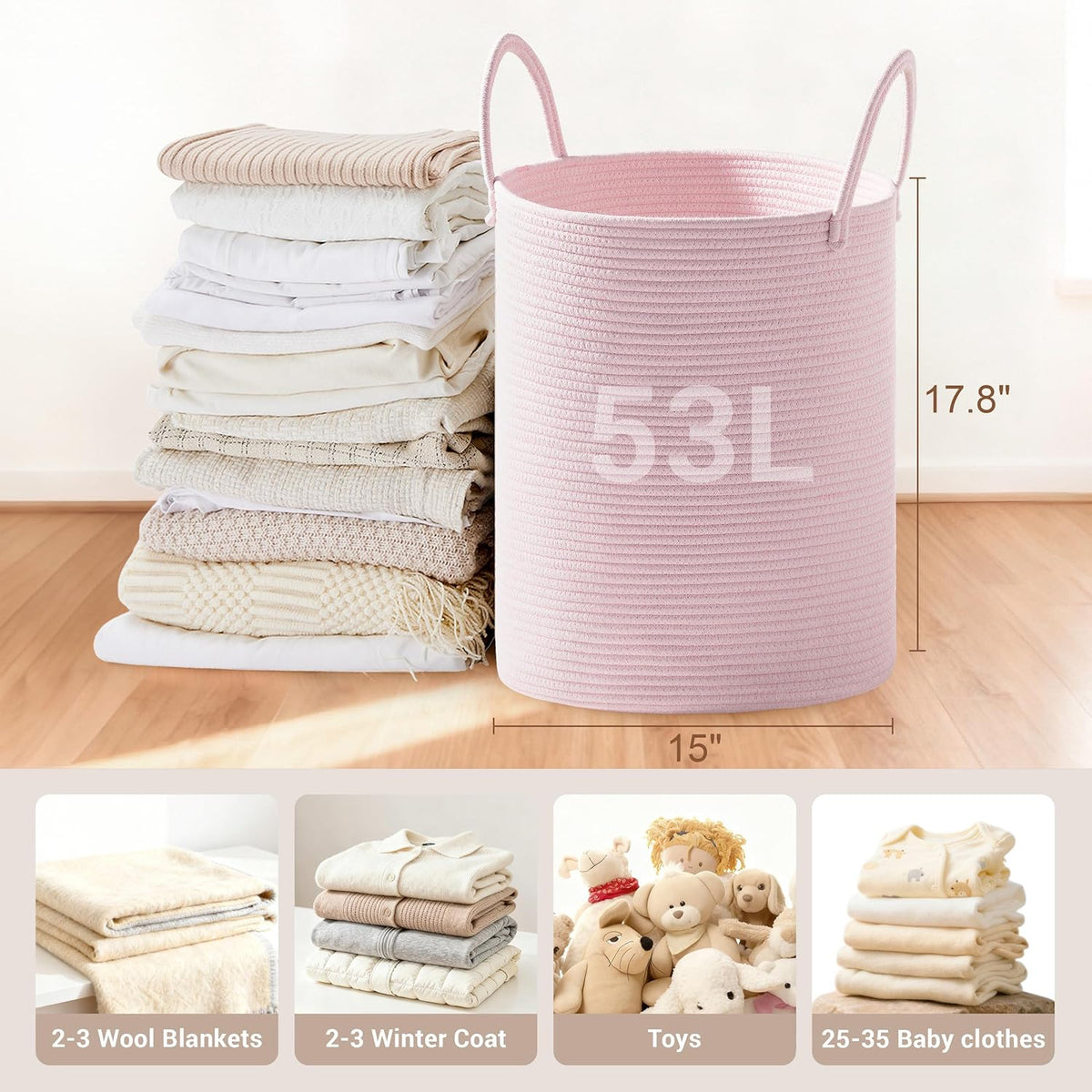 53L Tall Cotton Rope Laundry Basket with Handles, Pink