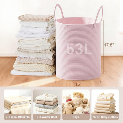 53L Tall Cotton Rope Laundry Basket with Handles, Pink