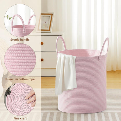 53L Tall Cotton Rope Laundry Basket with Handles, Pink