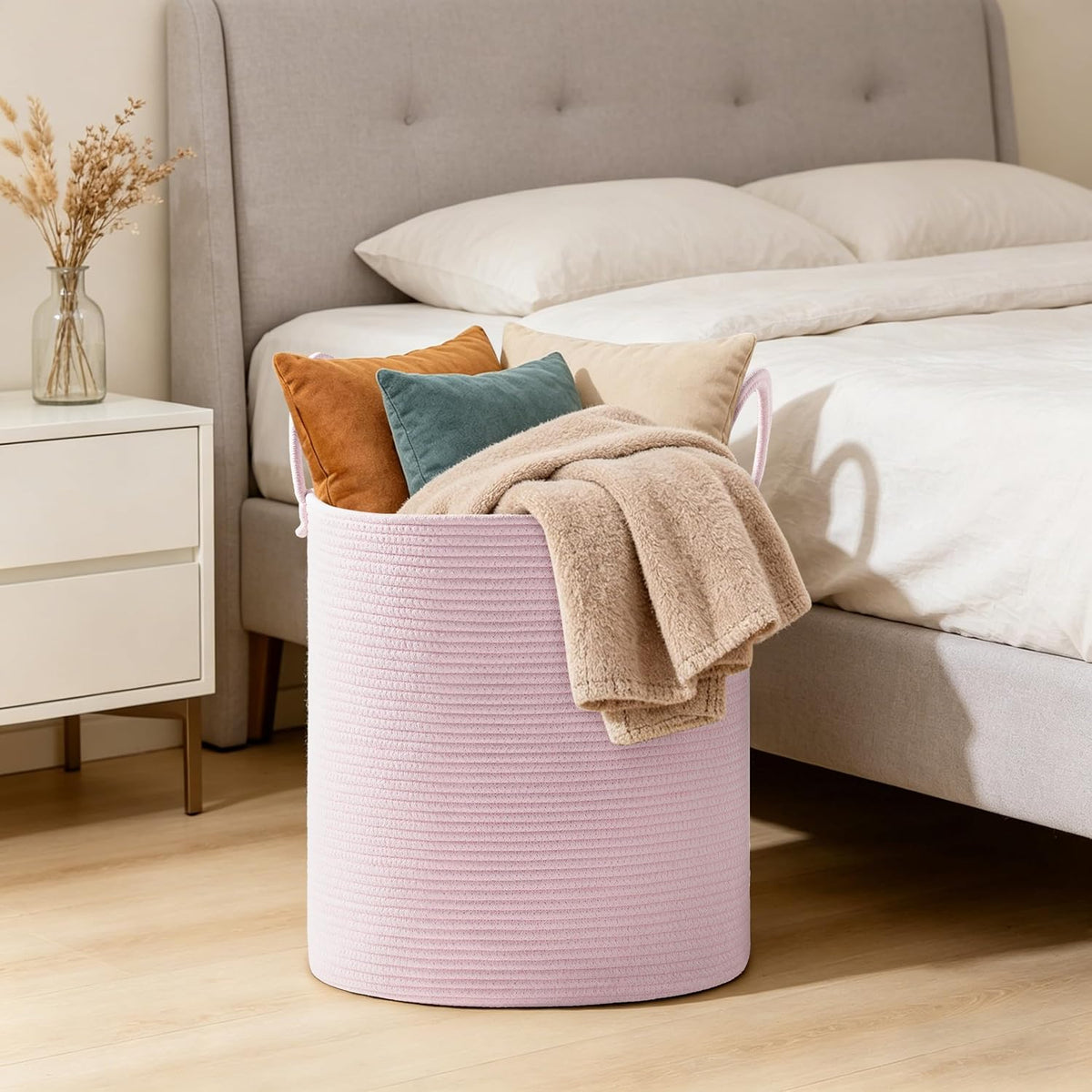 53L Tall Cotton Rope Laundry Basket with Handles, Pink