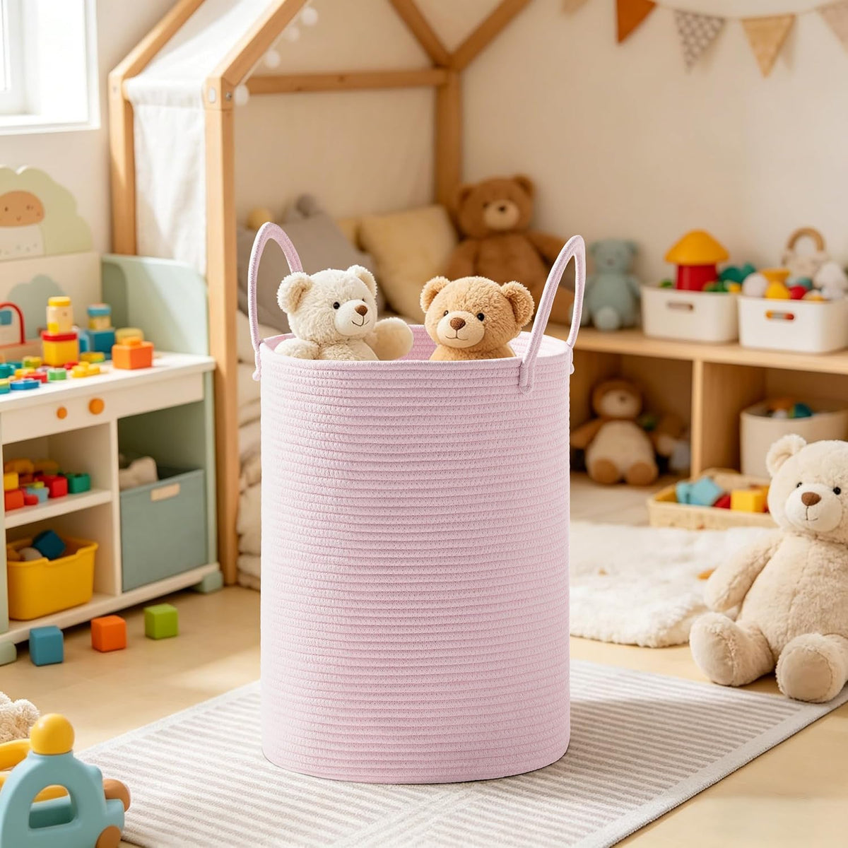 53L Tall Cotton Rope Laundry Basket with Handles, Pink