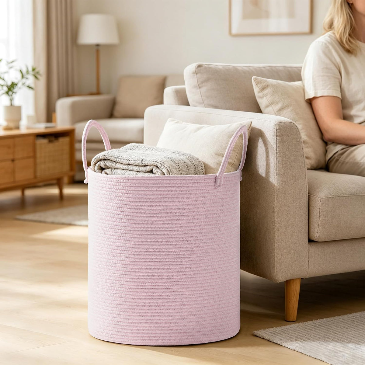 53L Tall Cotton Rope Laundry Basket with Handles, Pink