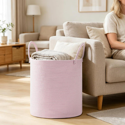 53L Tall Cotton Rope Laundry Basket with Handles, Pink