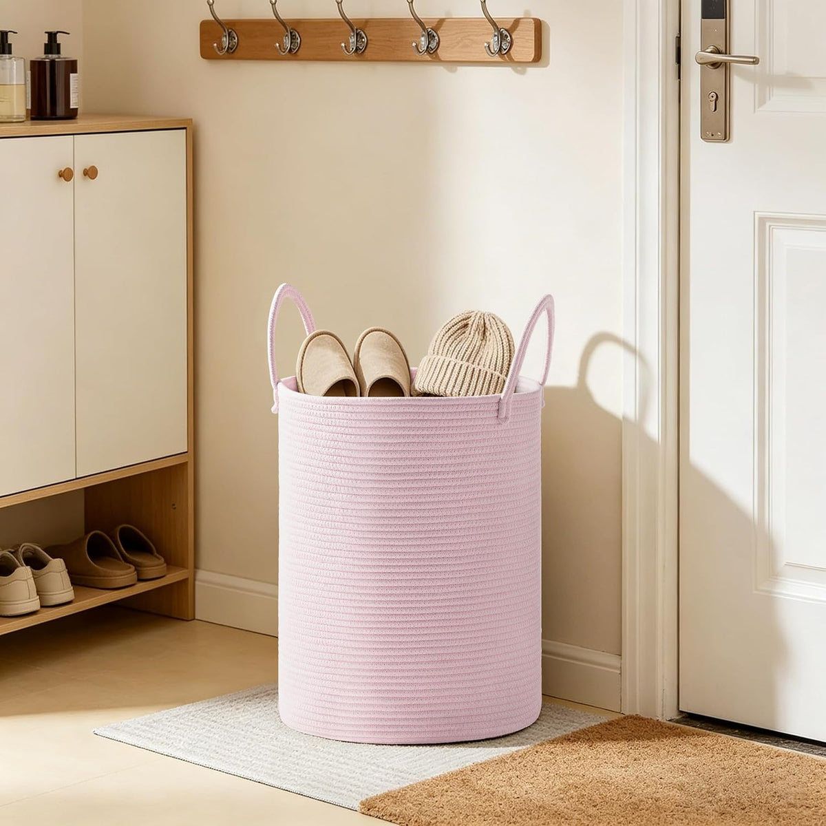 53L Tall Cotton Rope Laundry Basket with Handles, Pink