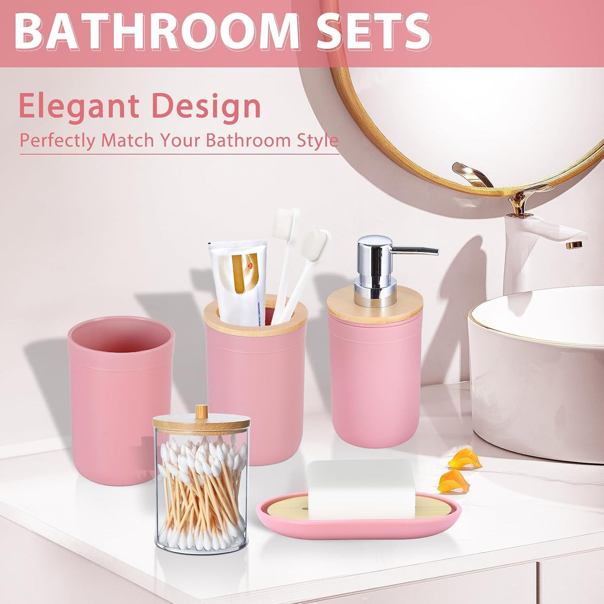 iMucci Bathroom Accessories Set 5Piece Pink Bathroom Sets, Toothbrush Holder, Toothbrush Cup, Lotion Soap Dispenser, Soap Dish and Qtip Holder Bathroom Decor
