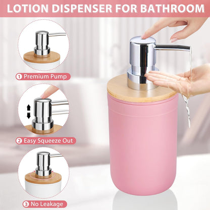 iMucci Bathroom Accessories Set 5Piece Pink Bathroom Sets, Toothbrush Holder, Toothbrush Cup, Lotion Soap Dispenser, Soap Dish and Qtip Holder Bathroom Decor