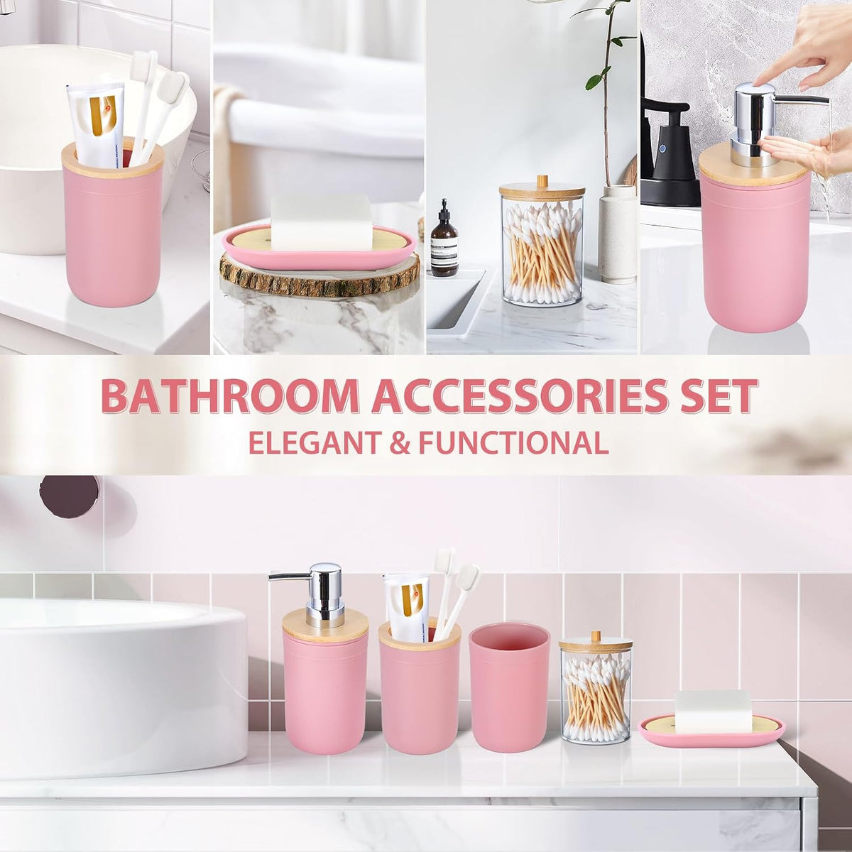iMucci Bathroom Accessories Set 5Piece Pink Bathroom Sets, Toothbrush Holder, Toothbrush Cup, Lotion Soap Dispenser, Soap Dish and Qtip Holder Bathroom Decor