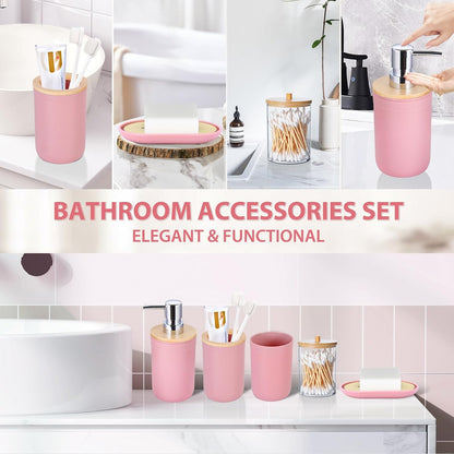 iMucci Bathroom Accessories Set 5Piece Pink Bathroom Sets, Toothbrush Holder, Toothbrush Cup, Lotion Soap Dispenser, Soap Dish and Qtip Holder Bathroom Decor