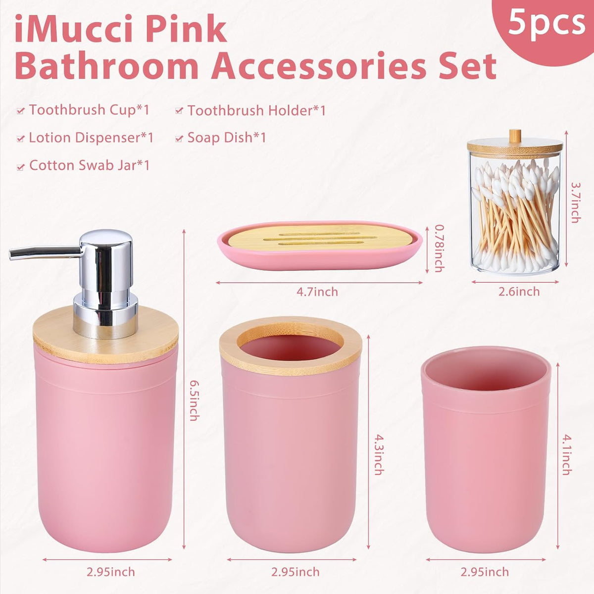 iMucci Bathroom Accessories Set 5Piece Pink Bathroom Sets, Toothbrush Holder, Toothbrush Cup, Lotion Soap Dispenser, Soap Dish and Qtip Holder Bathroom Decor