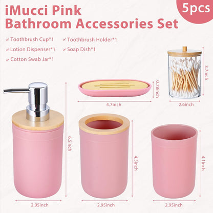 iMucci Bathroom Accessories Set 5Piece Pink Bathroom Sets, Toothbrush Holder, Toothbrush Cup, Lotion Soap Dispenser, Soap Dish and Qtip Holder Bathroom Decor