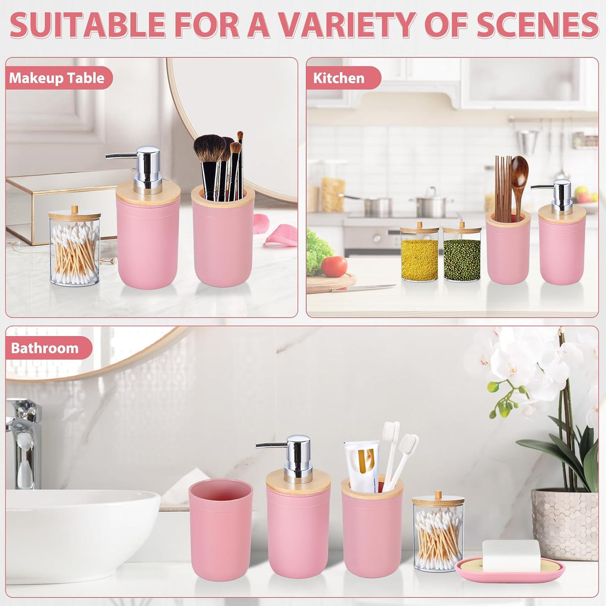 iMucci Bathroom Accessories Set 5Piece Pink Bathroom Sets, Toothbrush Holder, Toothbrush Cup, Lotion Soap Dispenser, Soap Dish and Qtip Holder Bathroom Decor