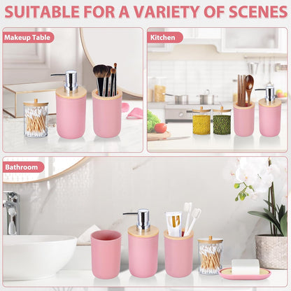 iMucci Bathroom Accessories Set 5Piece Pink Bathroom Sets, Toothbrush Holder, Toothbrush Cup, Lotion Soap Dispenser, Soap Dish and Qtip Holder Bathroom Decor