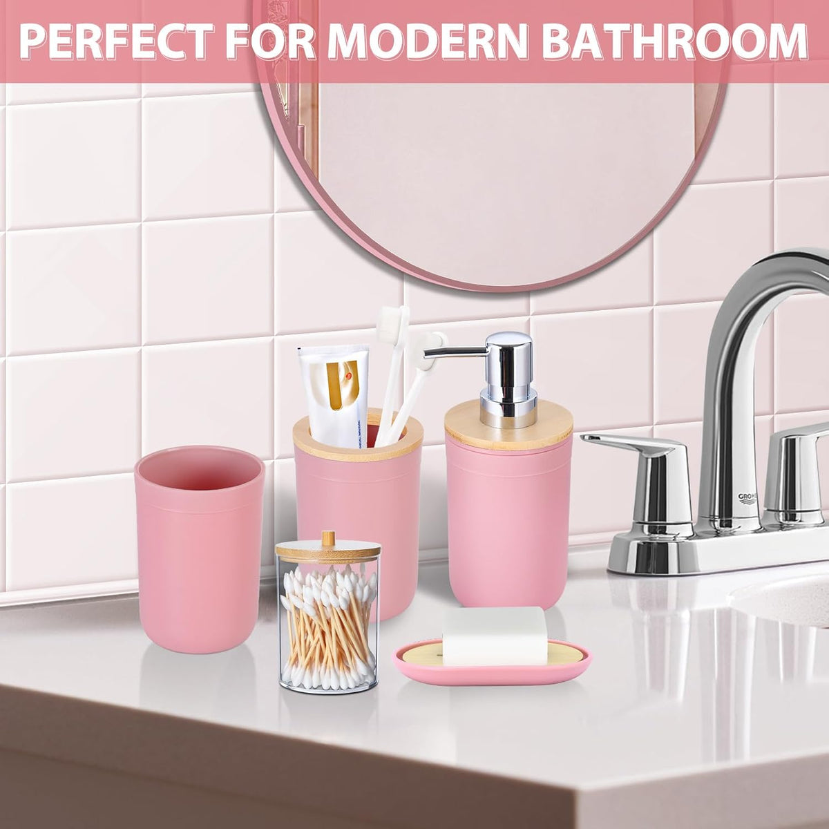 iMucci Bathroom Accessories Set 5Piece Pink Bathroom Sets, Toothbrush Holder, Toothbrush Cup, Lotion Soap Dispenser, Soap Dish and Qtip Holder Bathroom Decor