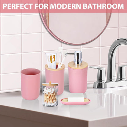 iMucci Bathroom Accessories Set 5Piece Pink Bathroom Sets, Toothbrush Holder, Toothbrush Cup, Lotion Soap Dispenser, Soap Dish and Qtip Holder Bathroom Decor