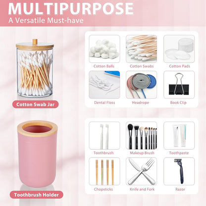 iMucci Bathroom Accessories Set 5Piece Pink Bathroom Sets, Toothbrush Holder, Toothbrush Cup, Lotion Soap Dispenser, Soap Dish and Qtip Holder Bathroom Decor