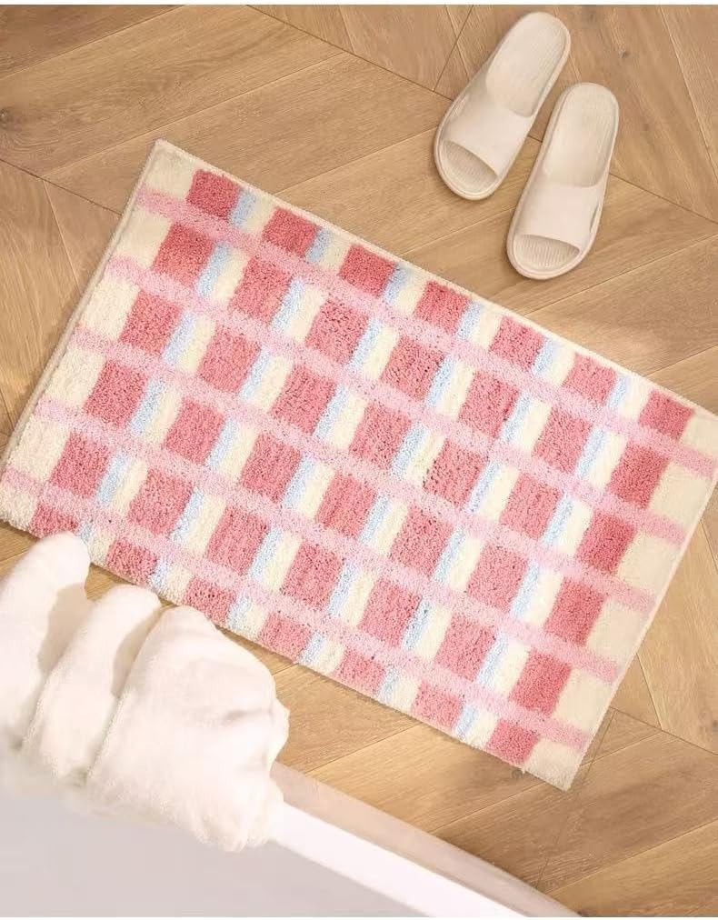 Geometry Bath Mat Stripe Home Bath Rug Water Absorption Non Slip Mat Rug for Bedroom Bathroom Toilet Floors (Pink, 24x16)