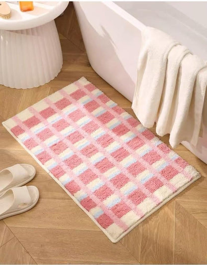 Geometry Bath Mat Stripe Home Bath Rug Water Absorption Non Slip Mat Rug for Bedroom Bathroom Toilet Floors (Pink, 24x16)