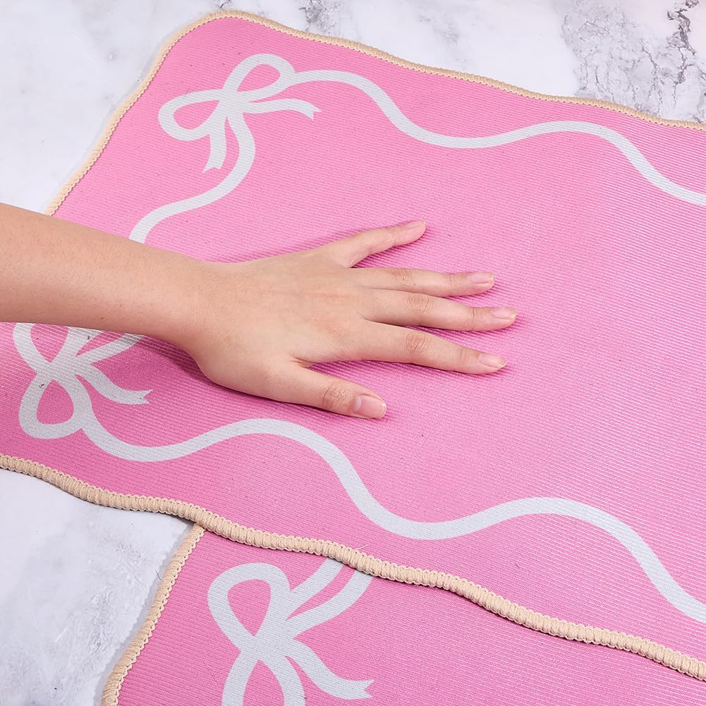 2Pcs Pink Bow Bathmat Rug Cute Bow Bathroom Mat 23.03x14.96x0.16 Inch Polyester Non-Slip Bath Mat Soft Absorbent Bows Carpet for Floor Shower Apartment