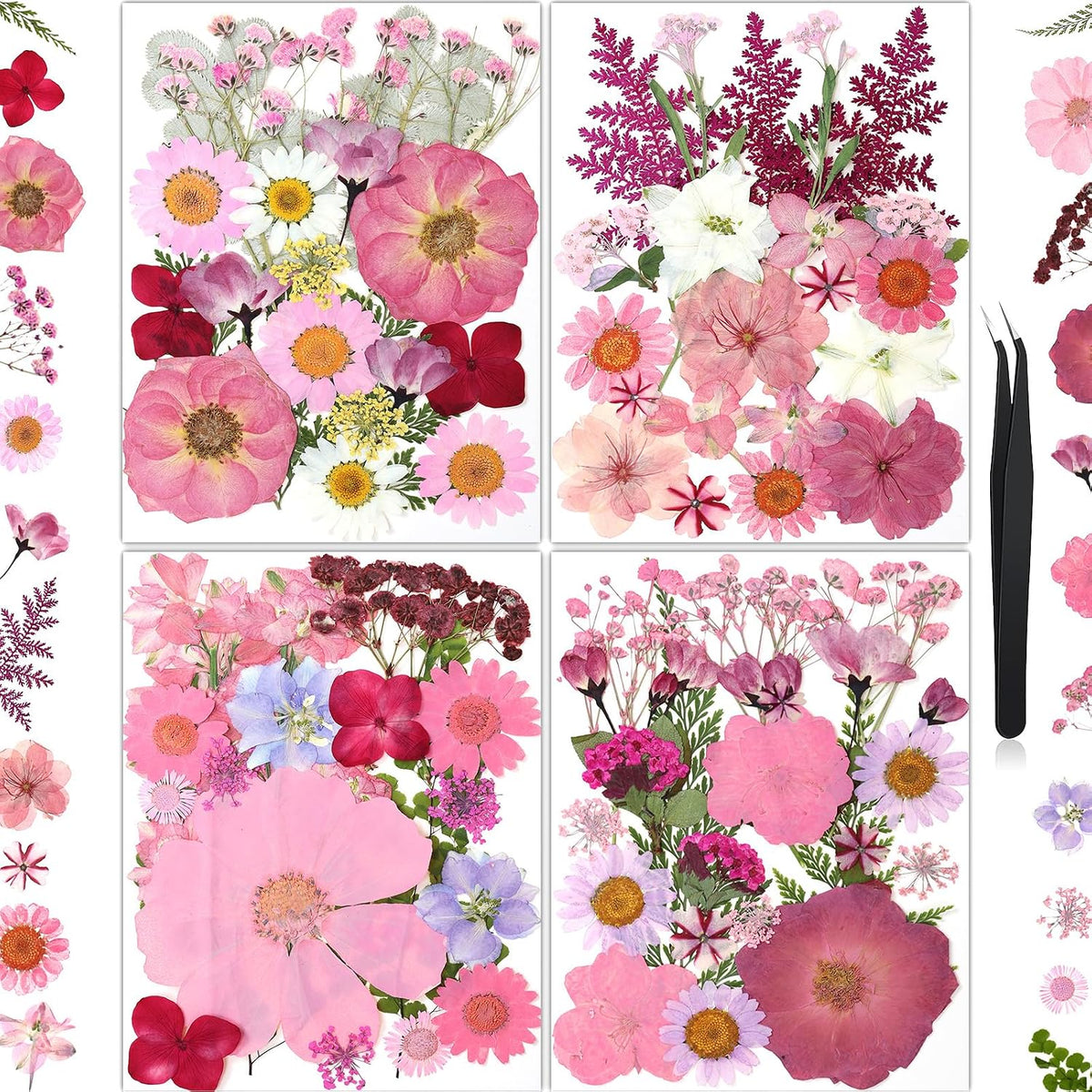 85Pcs Pink Dried Flowers for Crafts, Natural Pressed Flowers for Crafts Real Dried Pressed Flowers Dry Leaves for Resin, DIY Art, Scrapbook, Nails Decor, Jewelry, Candle & Soap Making, with Tweezers