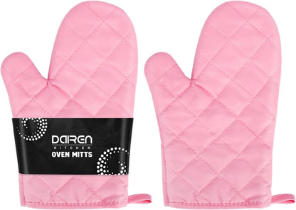 Heat Resistant Thick Cotton Oven Mitts Set, Pink, 11 Inch