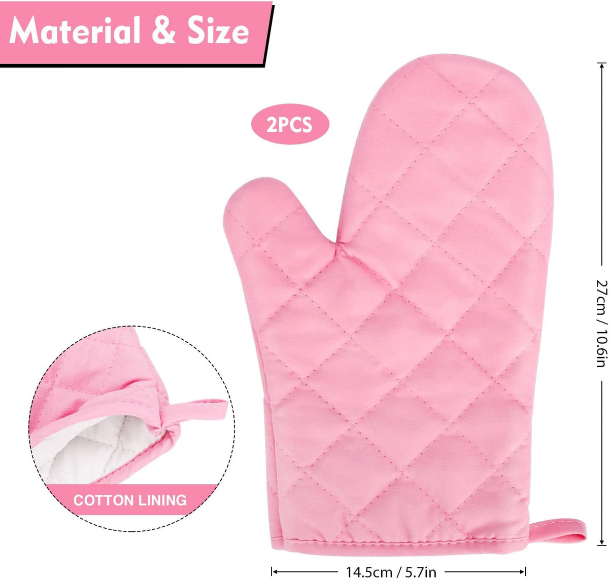 Heat Resistant Thick Cotton Oven Mitts Set, Pink, 11 Inch