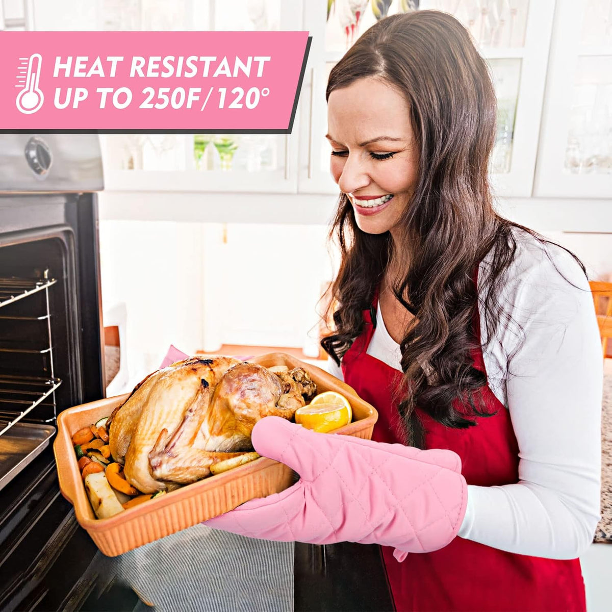 Heat Resistant Thick Cotton Oven Mitts Set, Pink, 11 Inch