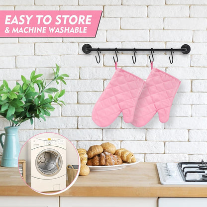 Heat Resistant Thick Cotton Oven Mitts Set, Pink, 11 Inch