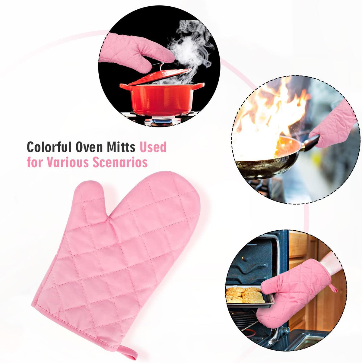 Heat Resistant Thick Cotton Oven Mitts Set, Pink, 11 Inch