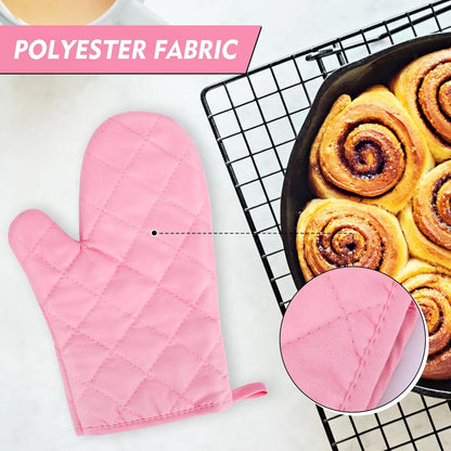 Heat Resistant Thick Cotton Oven Mitts Set, Pink, 11 Inch