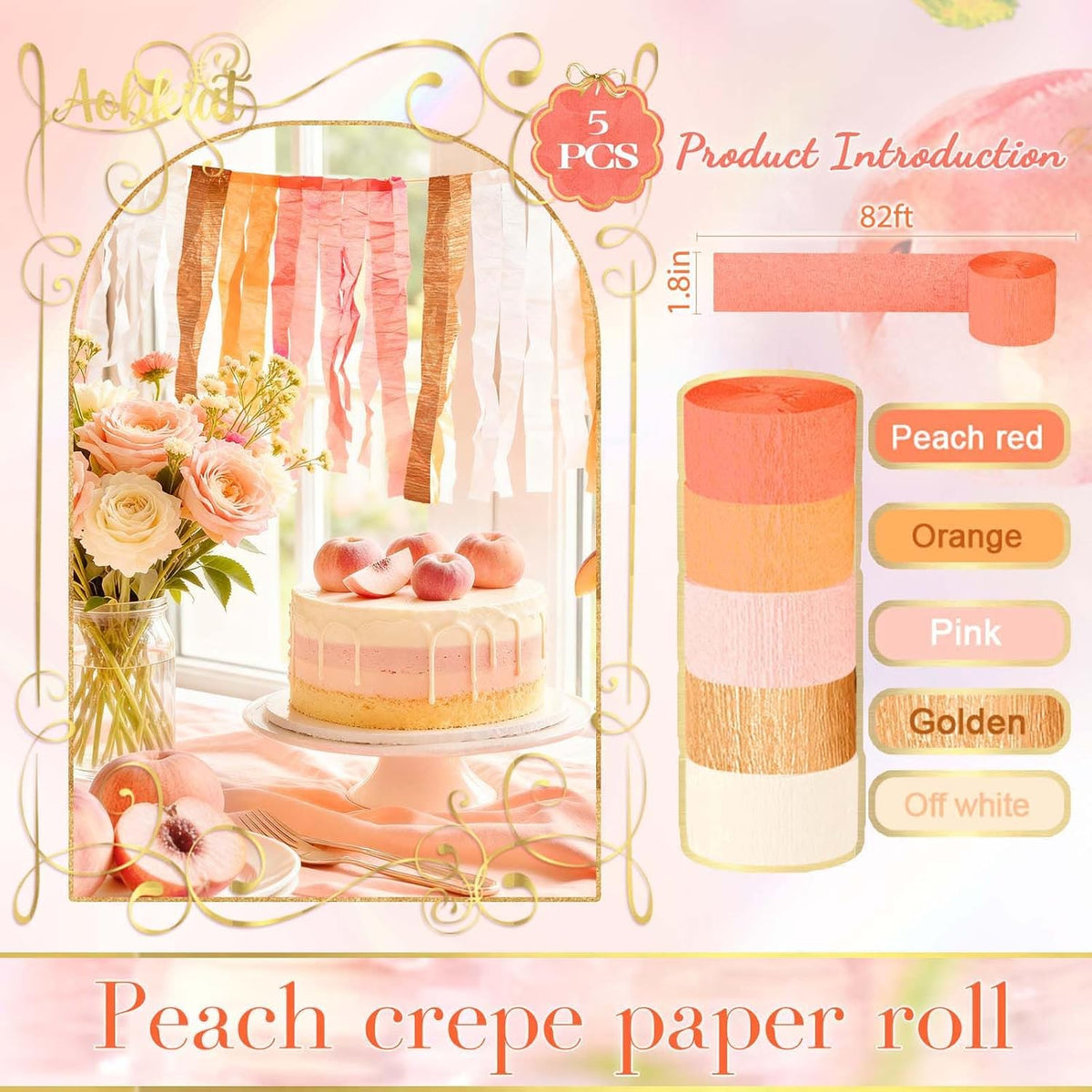 Streamers Party Decorations,5 Rolls Pastel Pink Gold Orange Color