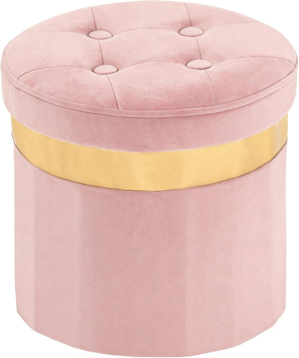 Small Ottoman with Storage,Folding Round Ottoman with Gold Trim,Velvet Storage Stool,Foot Stool with Soft Padded,Foot Rest for Living Room13“x13”x12.4(Pink,1pcs)
