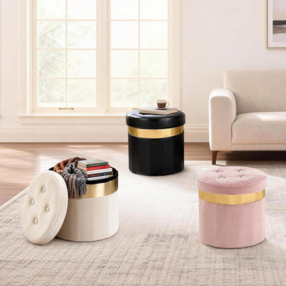 Small Ottoman with Storage,Folding Round Ottoman with Gold Trim,Velvet Storage Stool,Foot Stool with Soft Padded,Foot Rest for Living Room13“x13”x12.4(Pink,1pcs)
