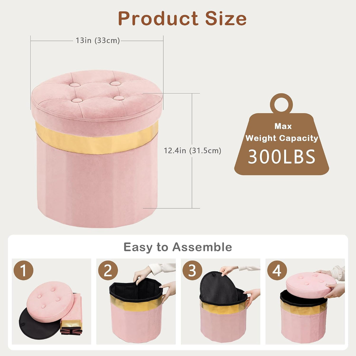 Small Ottoman with Storage,Folding Round Ottoman with Gold Trim,Velvet Storage Stool,Foot Stool with Soft Padded,Foot Rest for Living Room13“x13”x12.4(Pink,1pcs)
