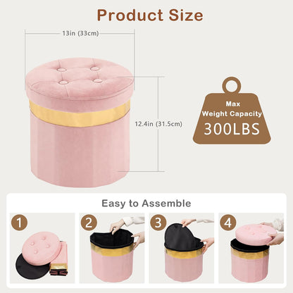 Small Ottoman with Storage,Folding Round Ottoman with Gold Trim,Velvet Storage Stool,Foot Stool with Soft Padded,Foot Rest for Living Room13“x13”x12.4(Pink,1pcs)