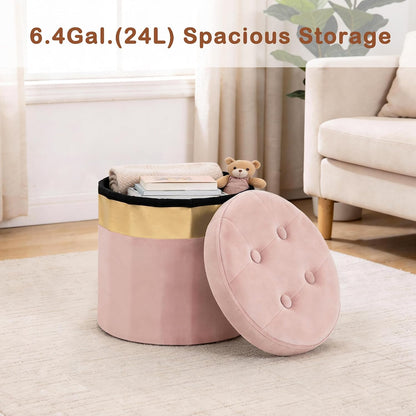 Small Ottoman with Storage,Folding Round Ottoman with Gold Trim,Velvet Storage Stool,Foot Stool with Soft Padded,Foot Rest for Living Room13“x13”x12.4(Pink,1pcs)