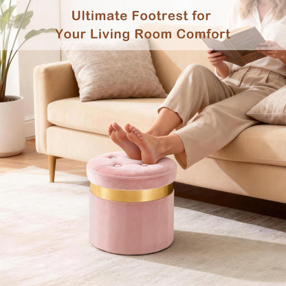 Small Ottoman with Storage,Folding Round Ottoman with Gold Trim,Velvet Storage Stool,Foot Stool with Soft Padded,Foot Rest for Living Room13“x13”x12.4(Pink,1pcs)