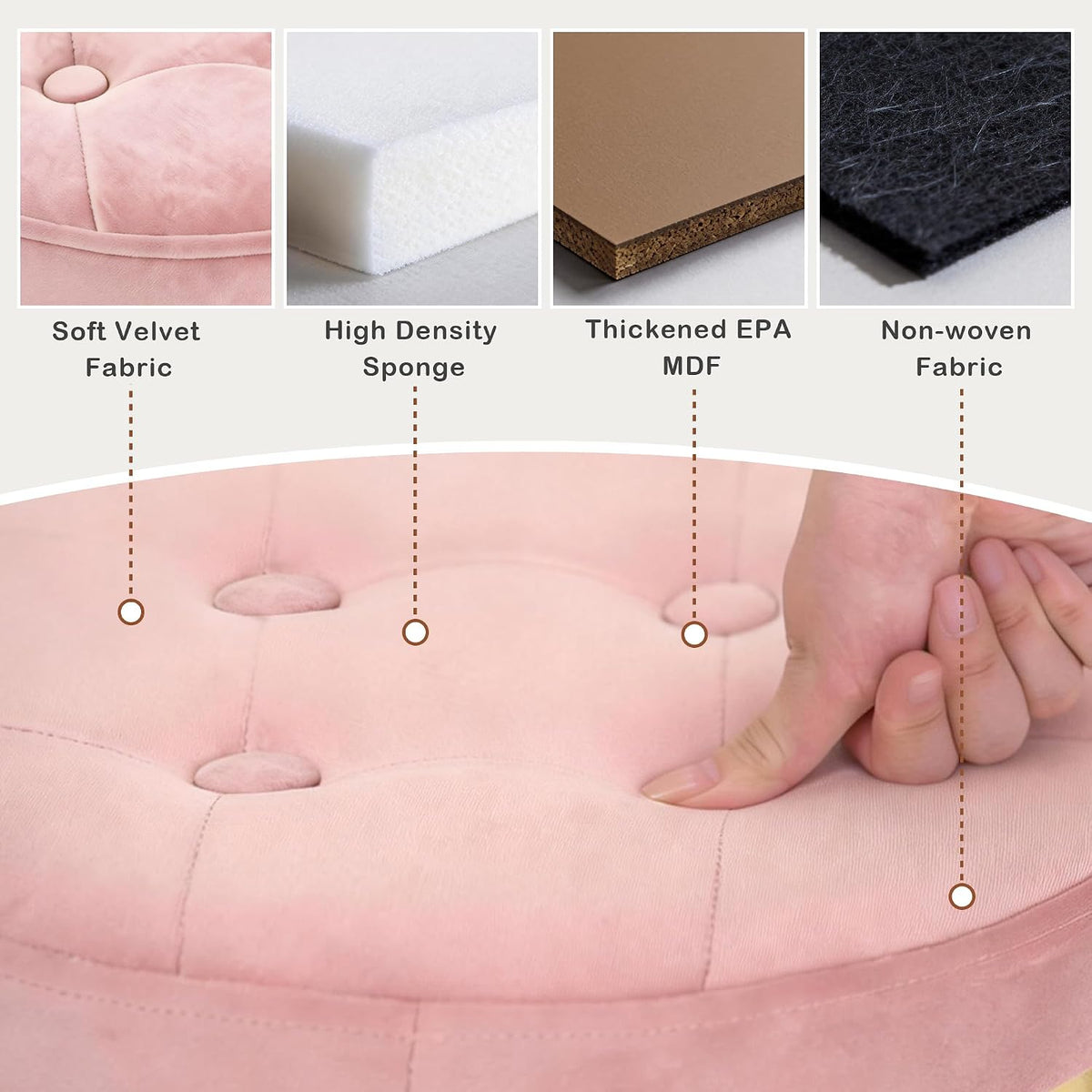 Small Ottoman with Storage,Folding Round Ottoman with Gold Trim,Velvet Storage Stool,Foot Stool with Soft Padded,Foot Rest for Living Room13“x13”x12.4(Pink,1pcs)