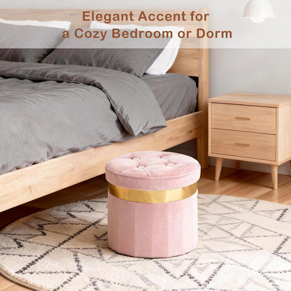 Small Ottoman with Storage,Folding Round Ottoman with Gold Trim,Velvet Storage Stool,Foot Stool with Soft Padded,Foot Rest for Living Room13“x13”x12.4(Pink,1pcs)