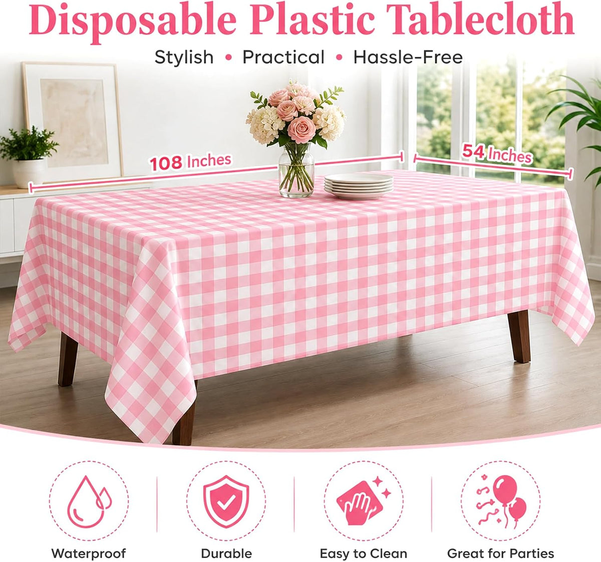 4 Pack Pink and White Checkered Tablecloth Pink Checkered Flag Tablecloth, Disposable Plastic Gingham Table Cover for Parties, Race Car Birthday Party, Birthday, Outdoor Picnic, 54 × 108 Inch