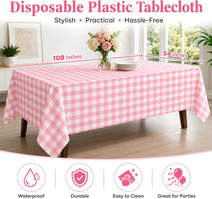 4 Pack Pink and White Checkered Tablecloth Pink Checkered Flag Tablecloth, Disposable Plastic Gingham Table Cover for Parties, Race Car Birthday Party, Birthday, Outdoor Picnic, 54 × 108 Inch