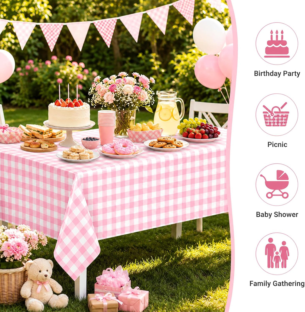4 Pack Pink and White Checkered Tablecloth Pink Checkered Flag Tablecloth, Disposable Plastic Gingham Table Cover for Parties, Race Car Birthday Party, Birthday, Outdoor Picnic, 54 × 108 Inch