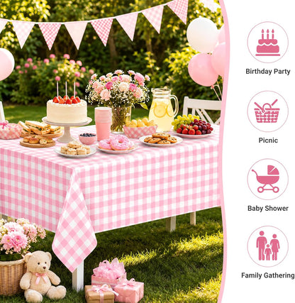 4 Pack Pink and White Checkered Tablecloth Pink Checkered Flag Tablecloth, Disposable Plastic Gingham Table Cover for Parties, Race Car Birthday Party, Birthday, Outdoor Picnic, 54 × 108 Inch