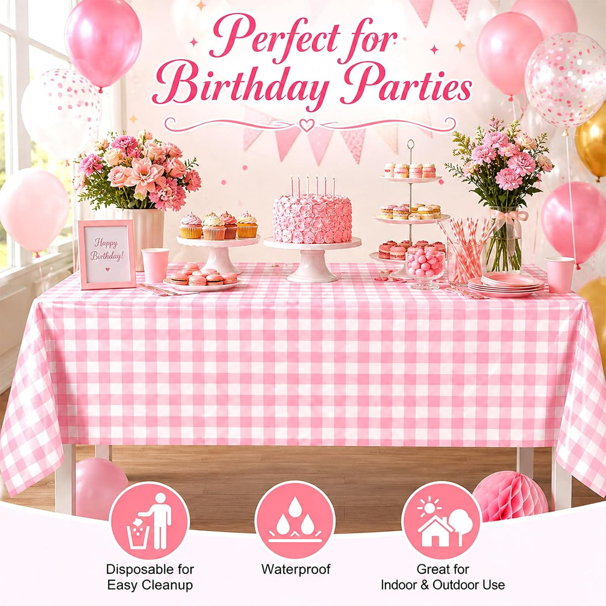 4 Pack Pink and White Checkered Tablecloth Pink Checkered Flag Tablecloth, Disposable Plastic Gingham Table Cover for Parties, Race Car Birthday Party, Birthday, Outdoor Picnic, 54 × 108 Inch