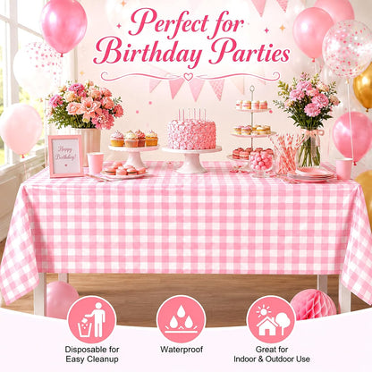 4 Pack Pink and White Checkered Tablecloth Pink Checkered Flag Tablecloth, Disposable Plastic Gingham Table Cover for Parties, Race Car Birthday Party, Birthday, Outdoor Picnic, 54 × 108 Inch