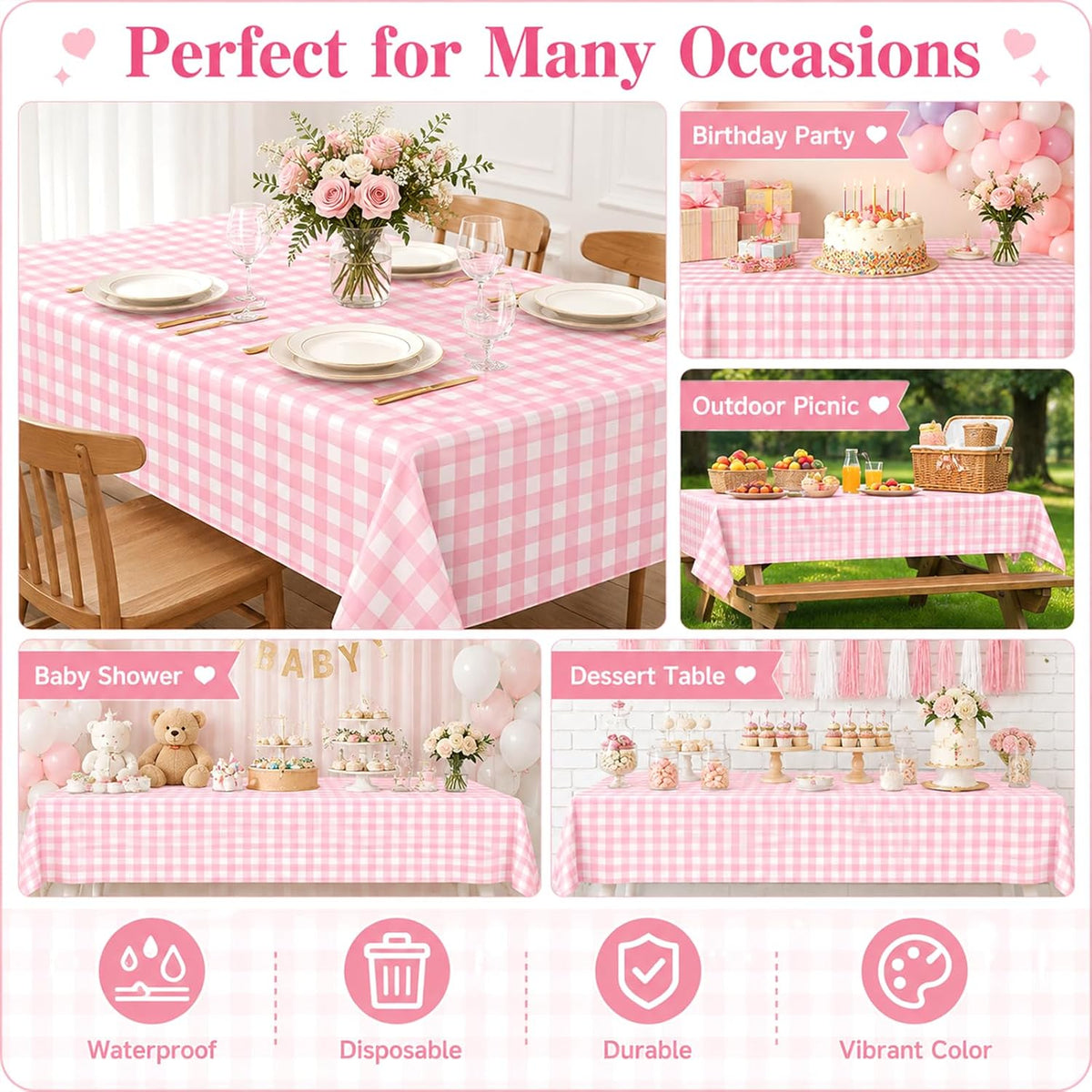 4 Pack Pink and White Checkered Tablecloth Pink Checkered Flag Tablecloth, Disposable Plastic Gingham Table Cover for Parties, Race Car Birthday Party, Birthday, Outdoor Picnic, 54 × 108 Inch
