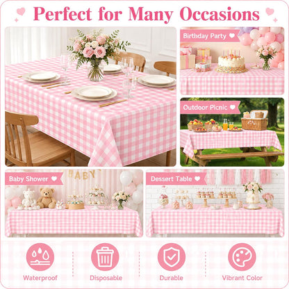 4 Pack Pink and White Checkered Tablecloth Pink Checkered Flag Tablecloth, Disposable Plastic Gingham Table Cover for Parties, Race Car Birthday Party, Birthday, Outdoor Picnic, 54 × 108 Inch