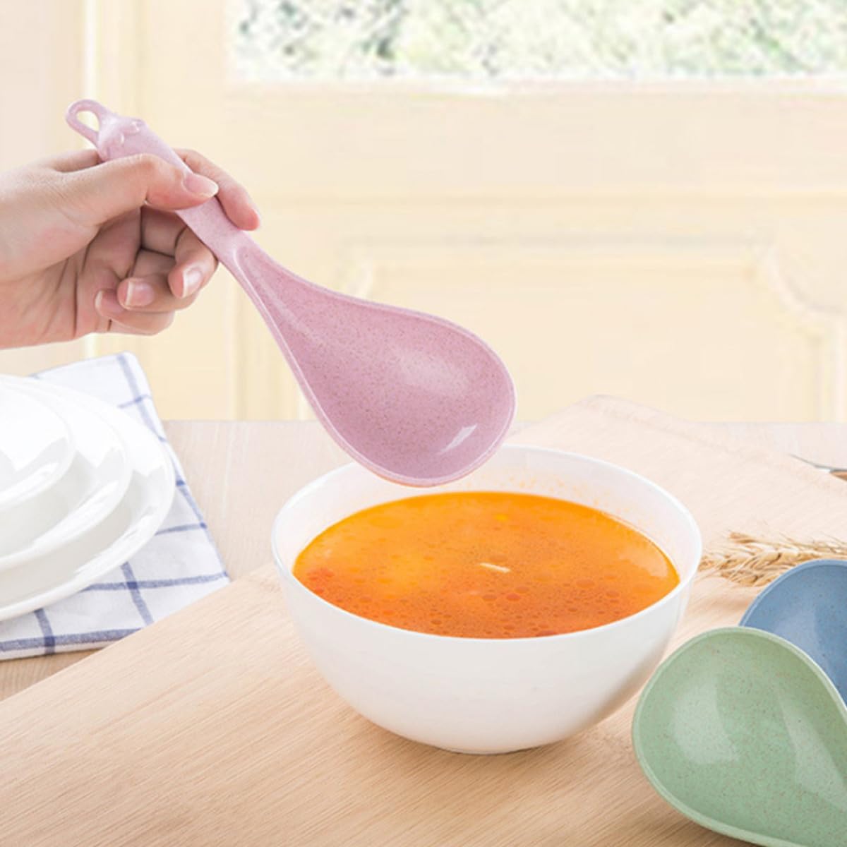 4 Pack Long Handle Soup Spoons Wheat Straw PP for Porridge