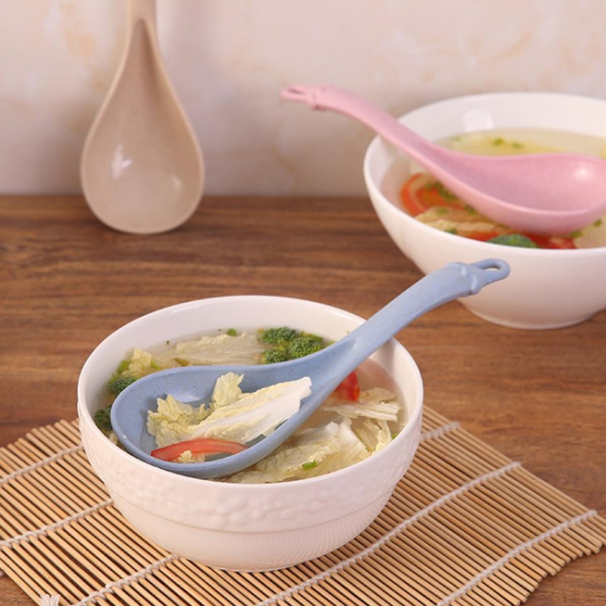 4 Pack Long Handle Soup Spoons Wheat Straw PP for Porridge